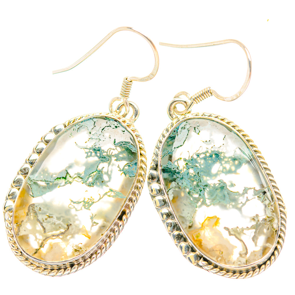 Green moss agate oval earrings with ornate rope border and hook backs, 925 silver