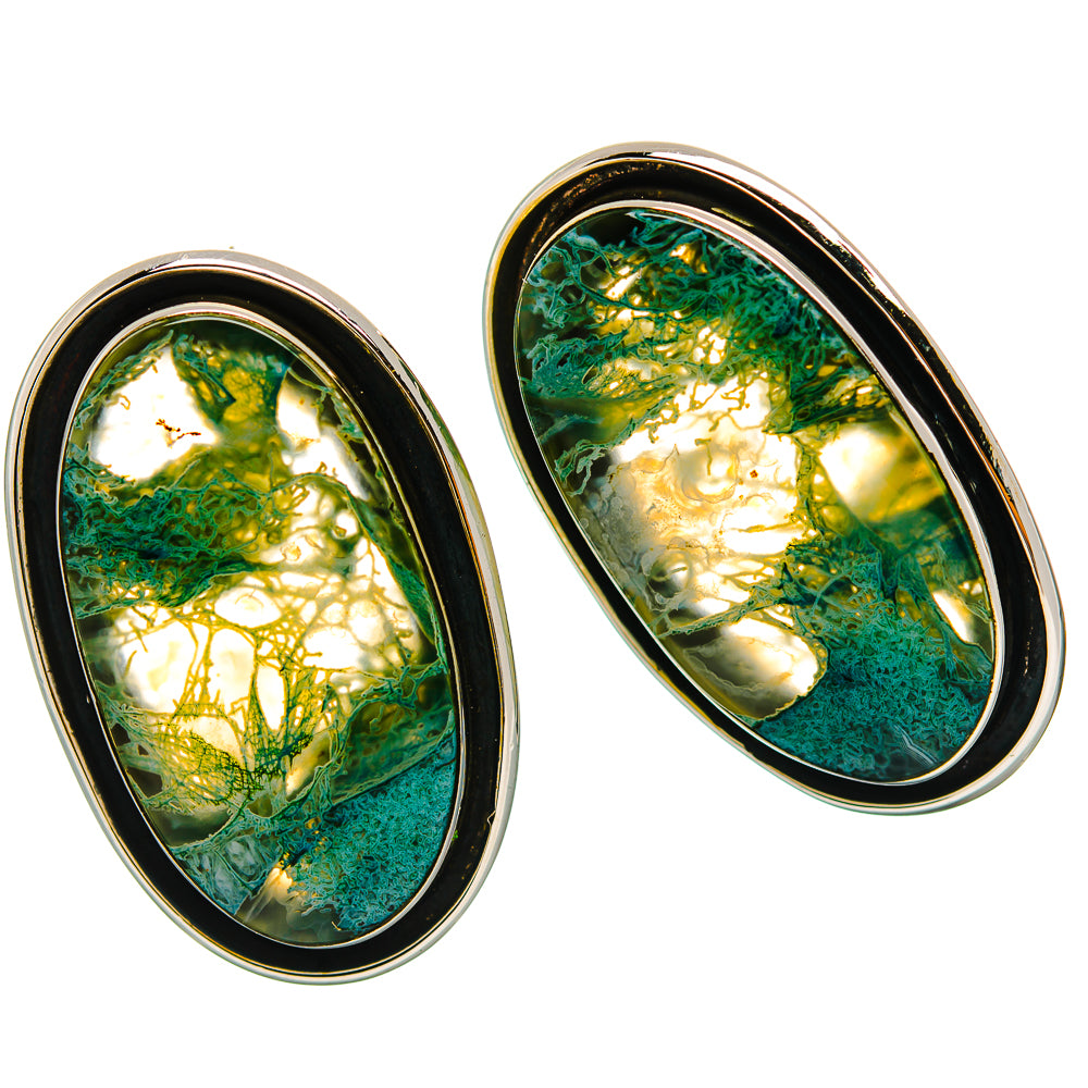 Pair of oval green moss agate stud earrings with 925 sterling silver frames