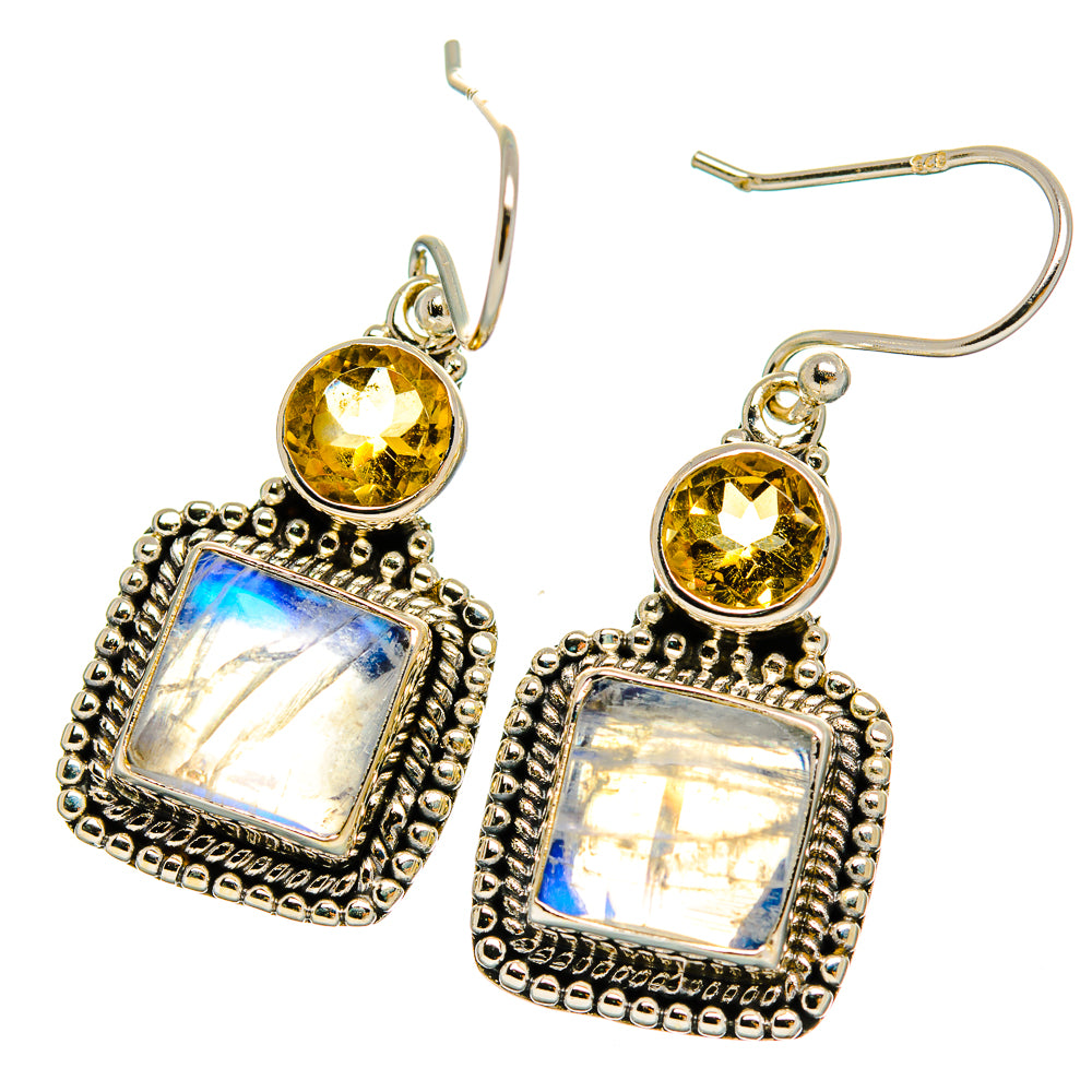Silver drop earrings with round yellow gemstone and iridescent square stone