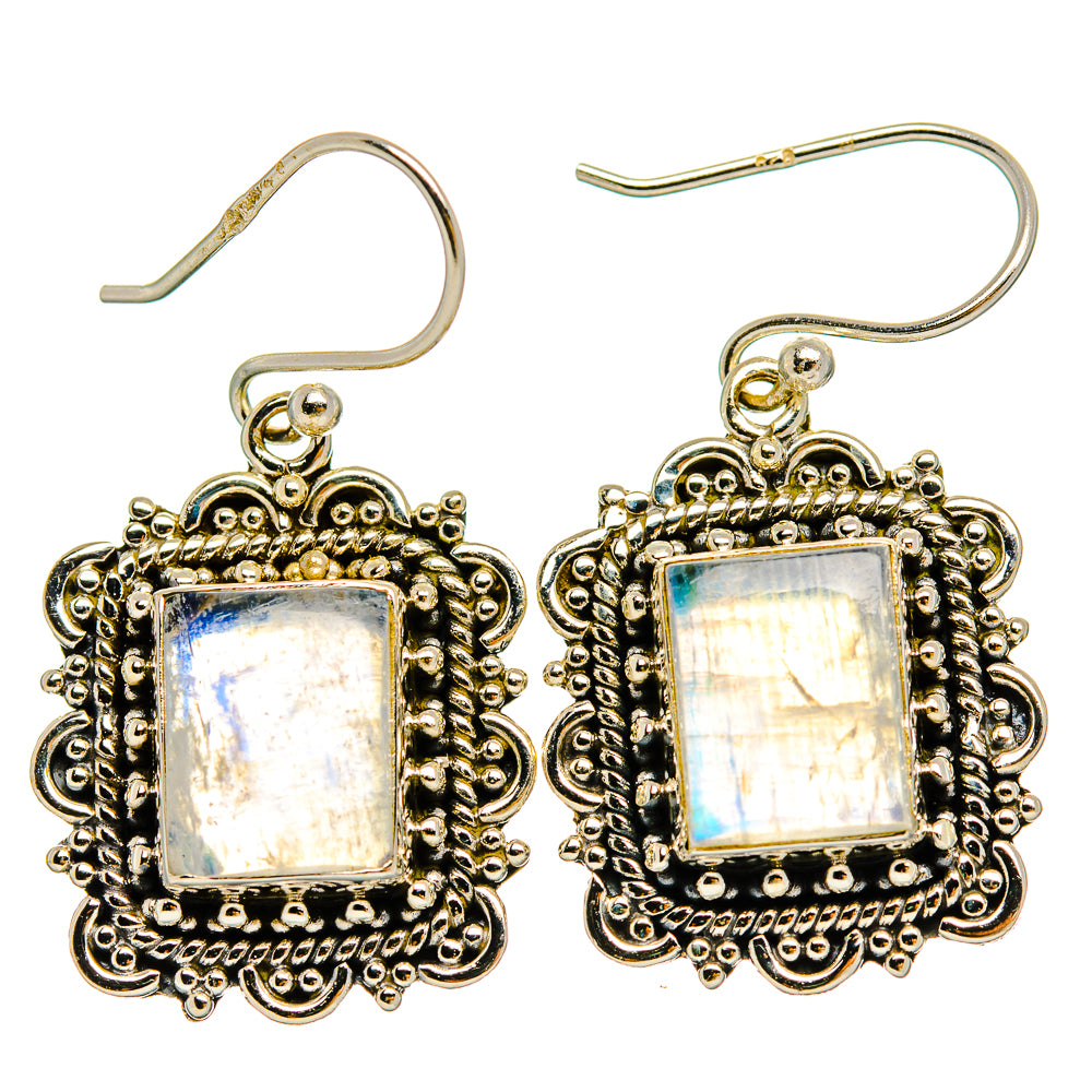 Square moonstone drop earrings in ornate sterling silver with French hook backs