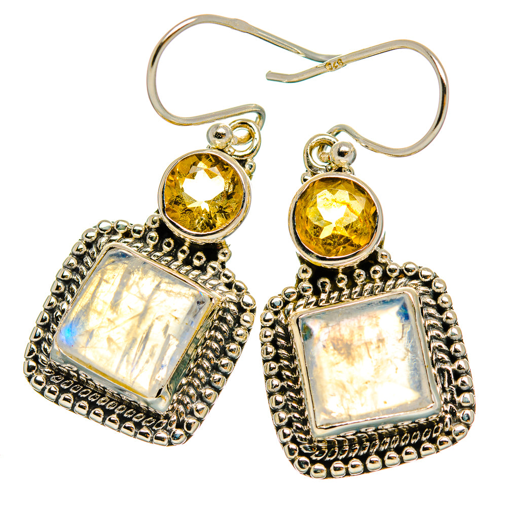925 silver dangle earrings, round citrine top with iridescent moonstone square frames