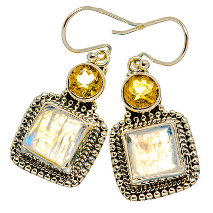 925 silver dangle earrings, round citrine top with iridescent moonstone square frames