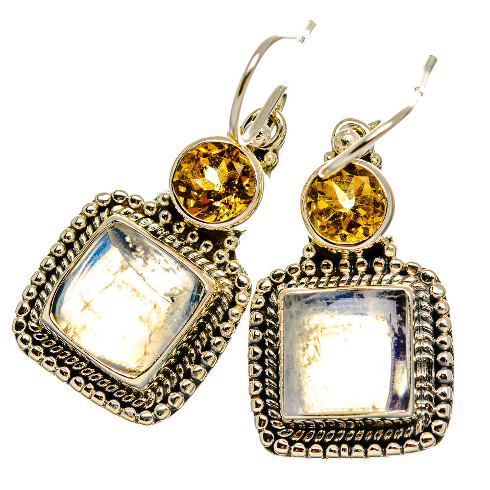 Sterling silver drop earrings with round citrine top and square rainbow moonstone dangles