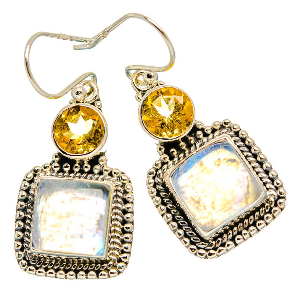 Sterling silver citrine and rainbow moonstone drop earrings, round yellow tops and square fronts