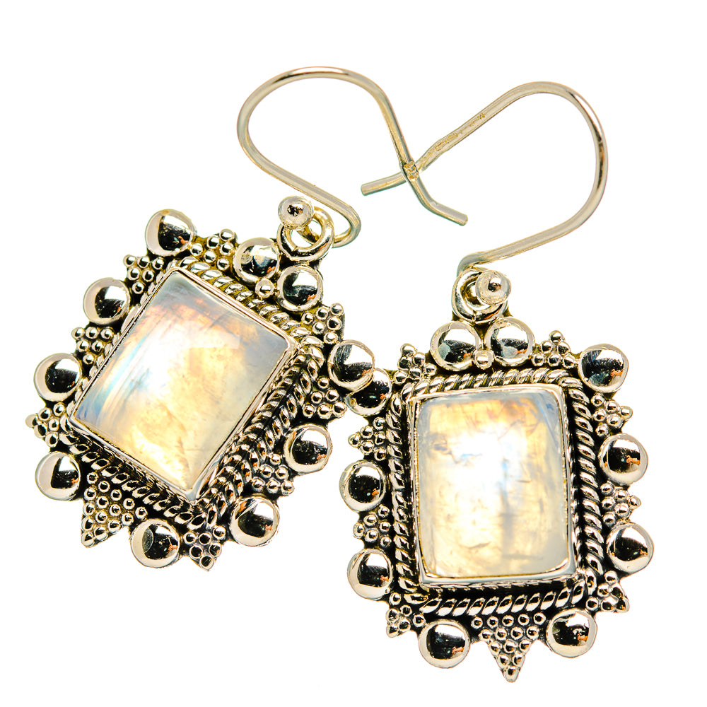 Sterling silver square moonstone drop earrings, ornate bead and dot border