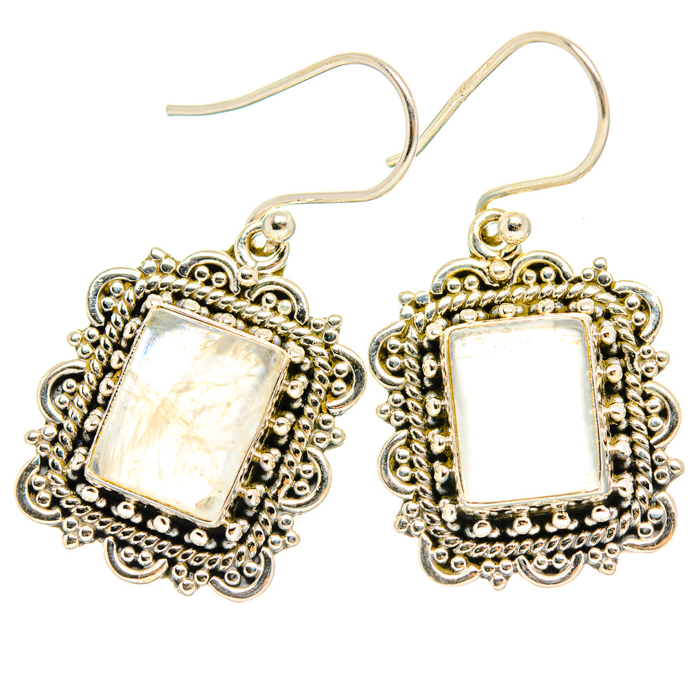 925 sterling silver moonstone earrings with square pale iridescent stones and bead filigree