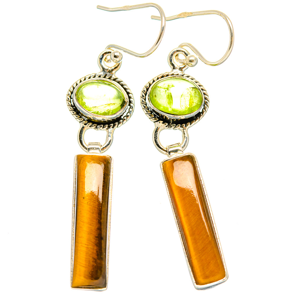 Peridot and tiger eye drop earrings: round green stones, amber tiger-eye bars, silver