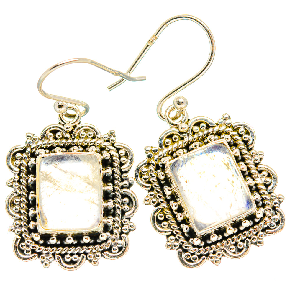 Square rainbow moonstone filigree 925 silver earrings, dangling hook backs, bright shimmer
