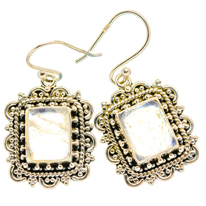 Square rainbow moonstone filigree 925 silver earrings, dangling hook backs, bright shimmer