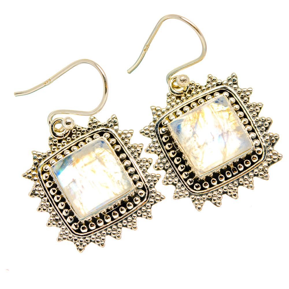 925 sterling silver moonstone drop earrings, square iridescent stone with beaded halo