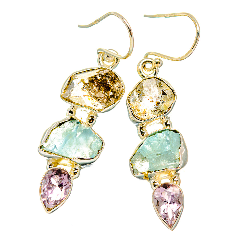 Silver-tone dangling earrings with light blue and pink teardrop gemstone accents