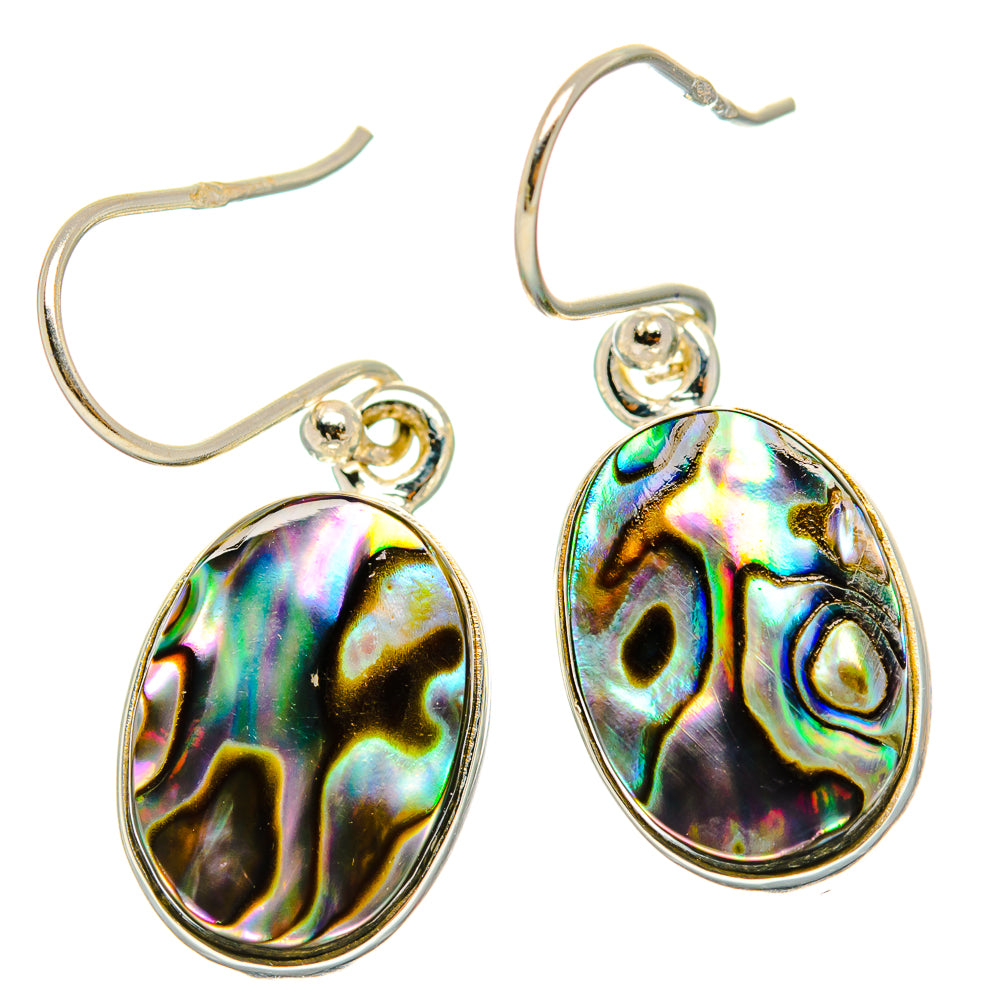 Pair of abalone shell oval drop earrings in polished 925 sterling silver with curved hooks