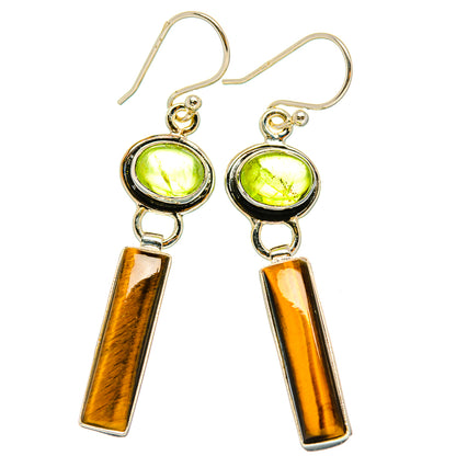 925 sterling silver drop earrings with green peridot rounds and tiger-eye gold bars