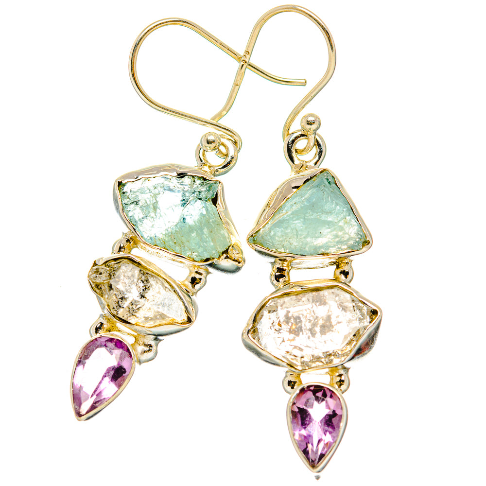 Gemstone drop earrings with aquamarine, clear, and purple teardrop accents in gold-tone