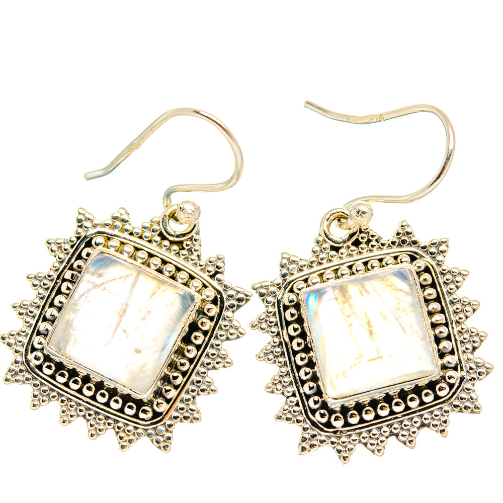 925 sterling silver moonstone drop earrings with square iridescent glow, ornate setting