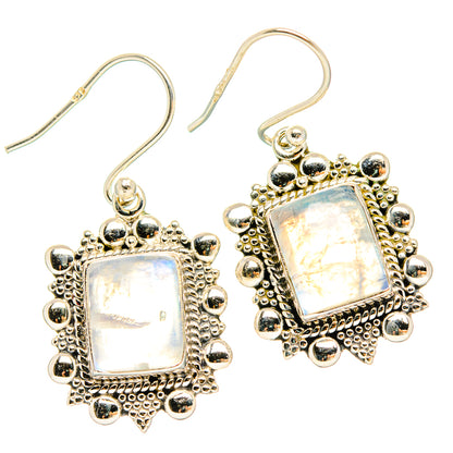Square moonstone drop earrings with ornate silver bead frames and metal hook backs