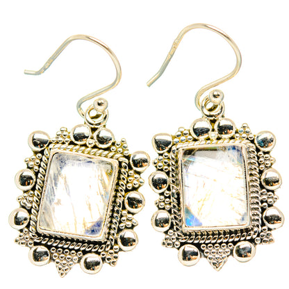 925 sterling silver moonstone drop earrings with square iridescent center and bead border