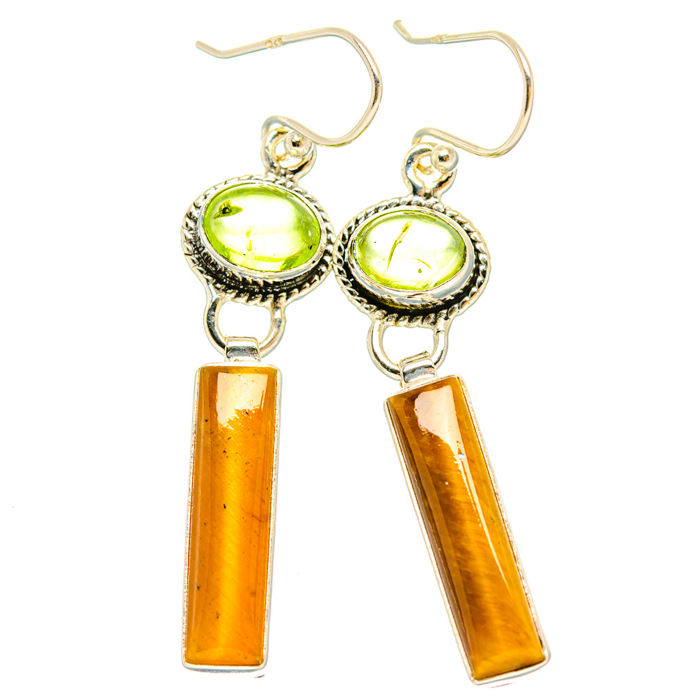 Sterling silver lever-back earrings with green-yellow oval tops and tiger eye drops