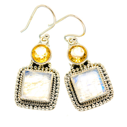 Citrine and rainbow moonstone drop earrings in 925 sterling silver, square and round charms