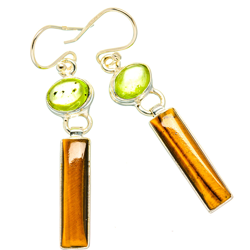 Sterling silver drop earrings: green peridot cabochons with tiger-eye bar dangles