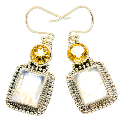 Sterling silver dangle earrings: yellow round gemstone tops with square iridescent pendants