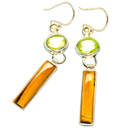 Sterling silver drop earrings with round green stones and tiger-eye gold rectangular bars