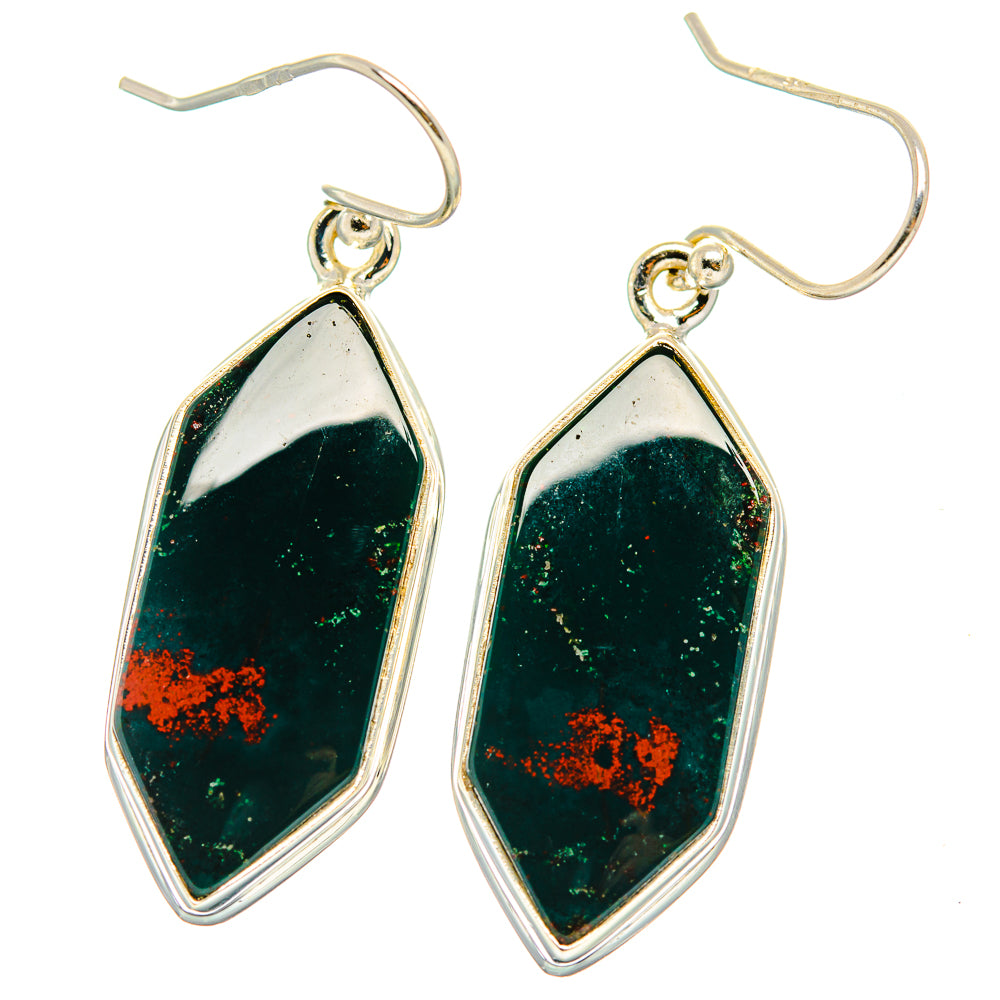 Sterling silver teardrop earrings with green-and-red bloodstone dangle in bezel