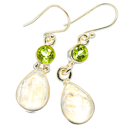 Sterling silver drop earrings with green round stone and opalescent teardrop dangle