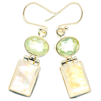925 sterling silver earrings with round green gemstone and iridescent rectangular drop