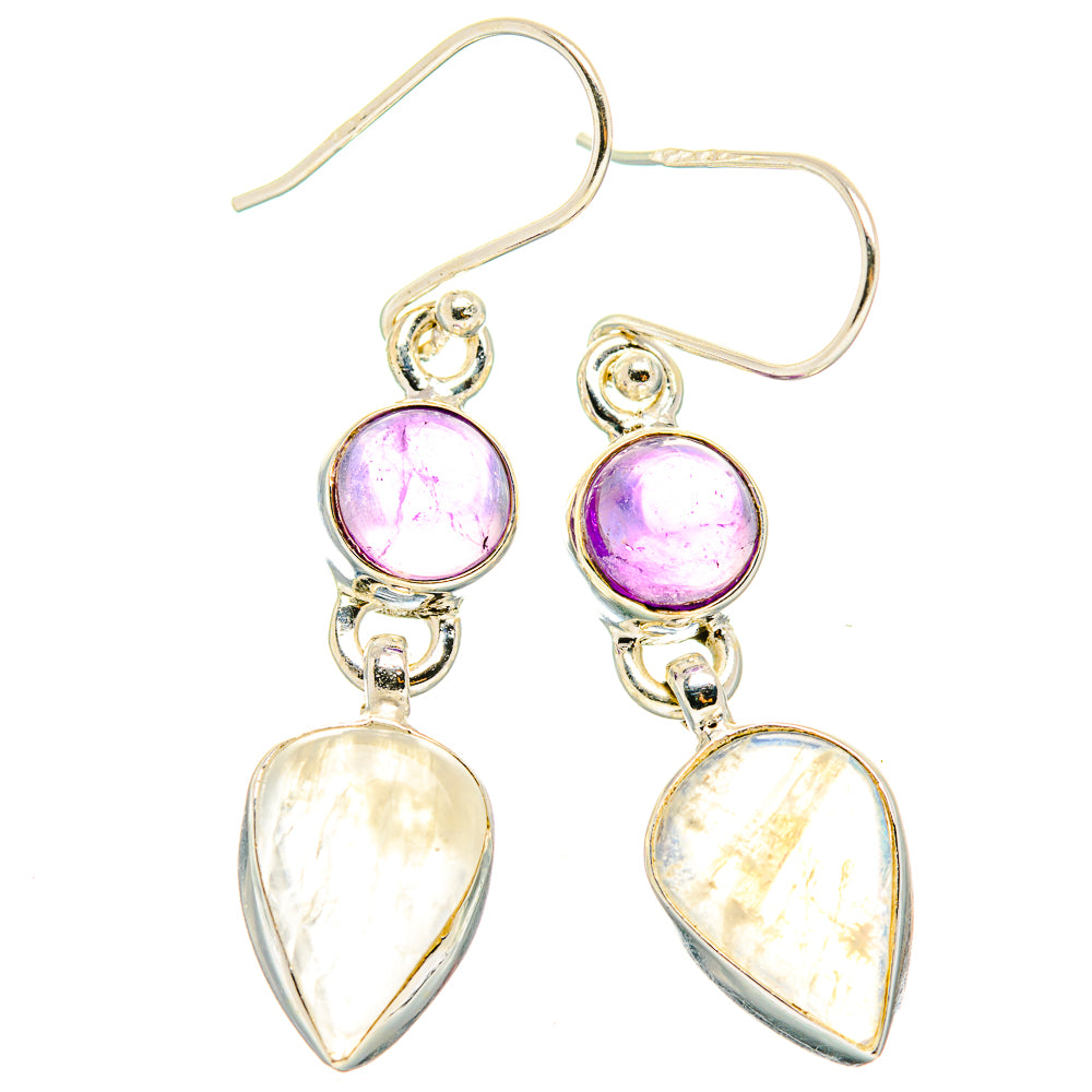 Sterling silver drop earrings with purple orb tops and pear-shaped rainbow moonstone drops