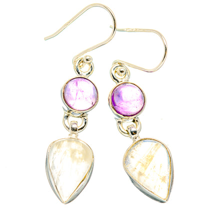 Sterling silver drop earrings with purple orb tops and pear-shaped rainbow moonstone drops