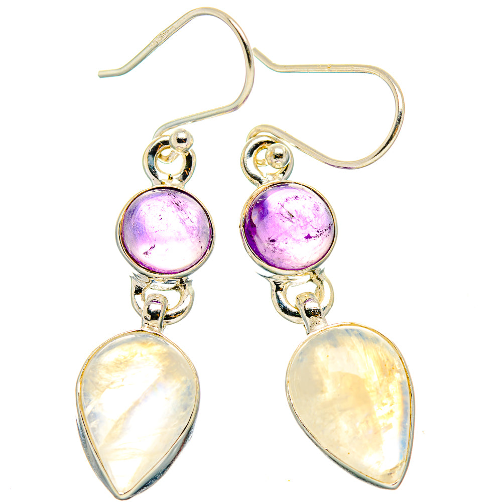 Sterling silver drop earrings with purple round stones and iridescent heart pendants
