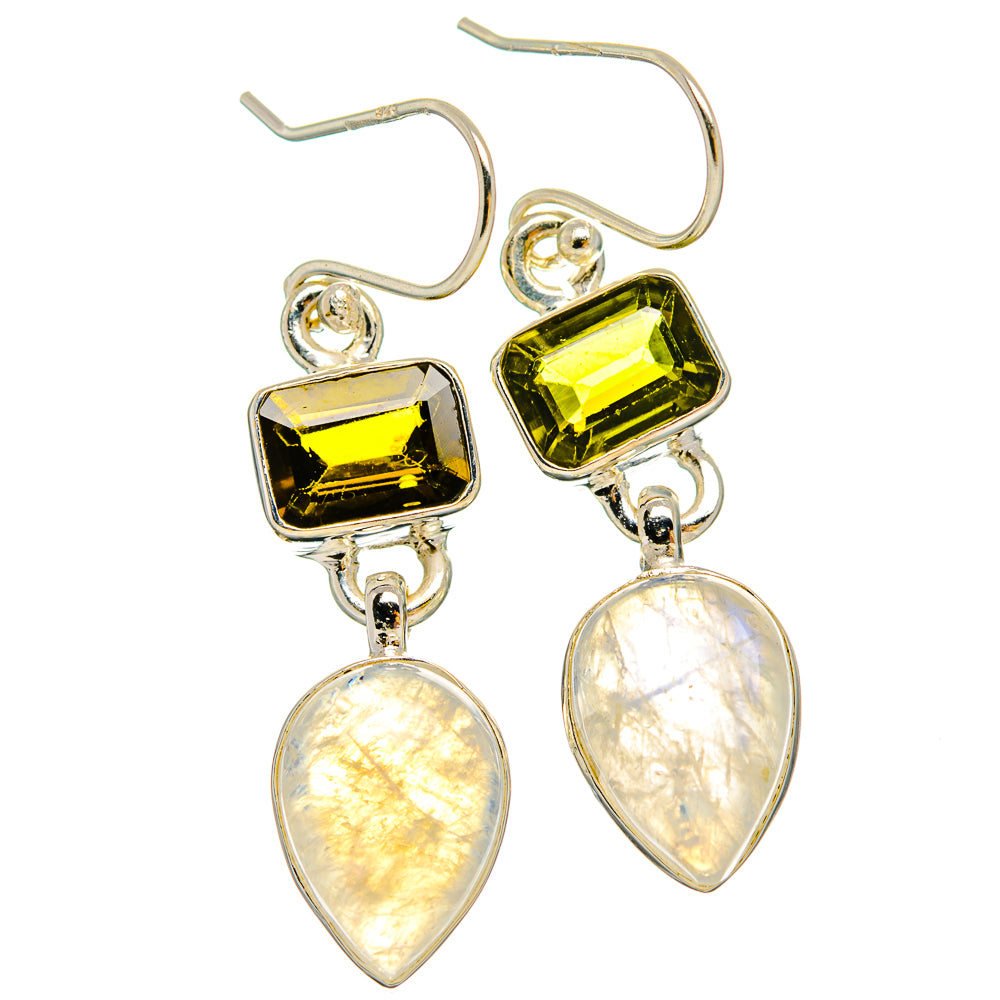 Sterling silver earrings with green square stones and iridescent teardrop dangles