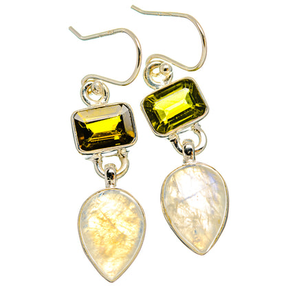 Sterling silver earrings with green square stones and iridescent teardrop dangles
