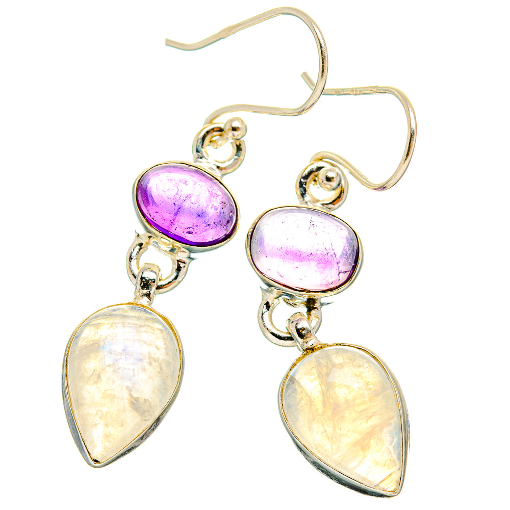 Sterling silver three-stone drop earrings with purple amethyst cabochons and moonstone hearts