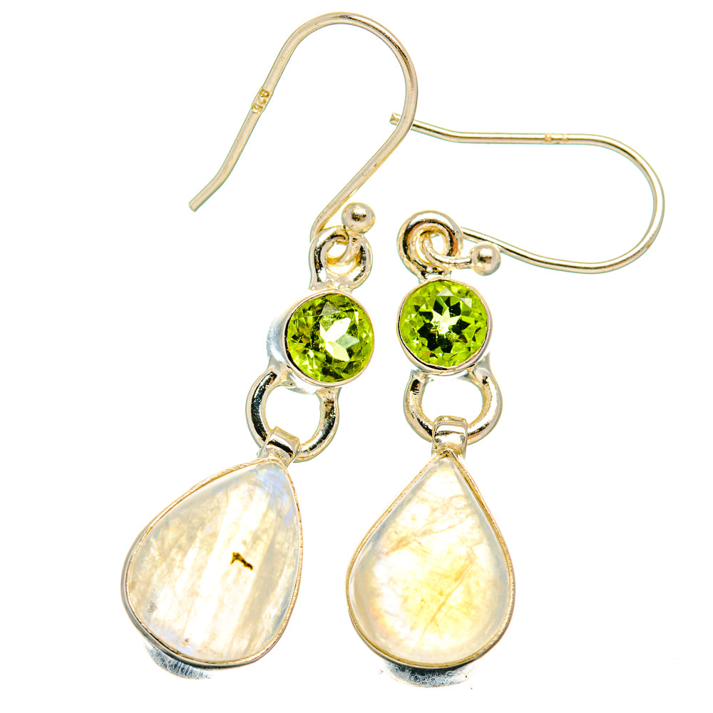 Sterling silver hoop earrings with round green peridot and pear-shaped moonstone drops