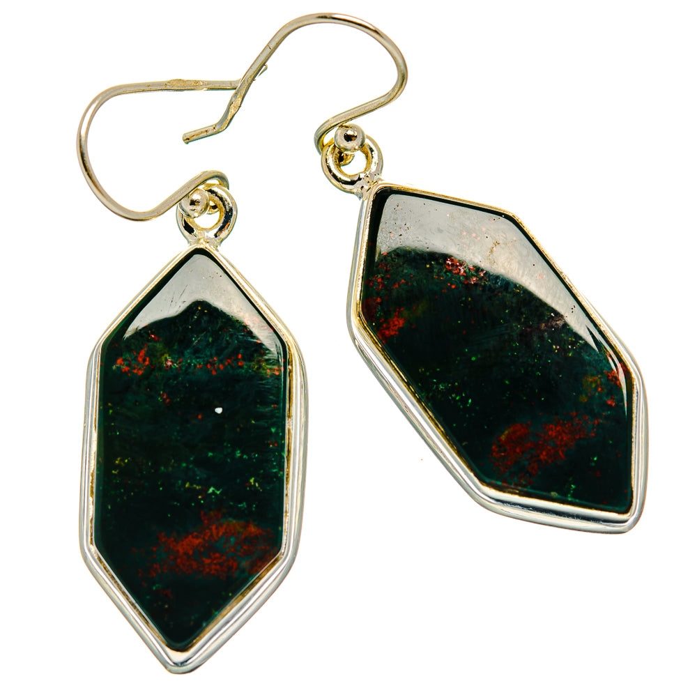 925 sterling silver hook earrings with green bloodstone cabochon in shield frame