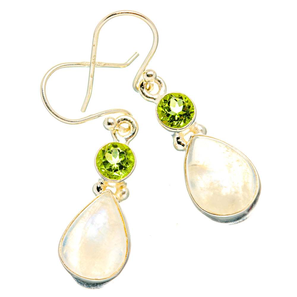 Sterling silver drop earrings with green peridot studs and opalescent teardrop moonstones