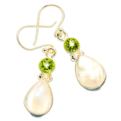 Sterling silver drop earrings with green peridot studs and opalescent teardrop moonstones