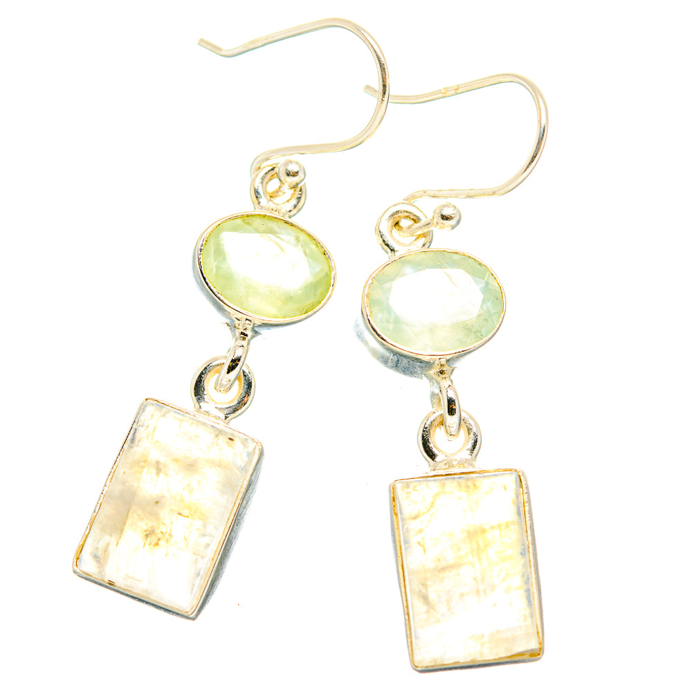 Green round gemstone dangle earrings with silver hooks and square drop charms