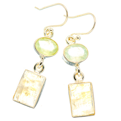 Green round gemstone dangle earrings with silver hooks and square drop charms