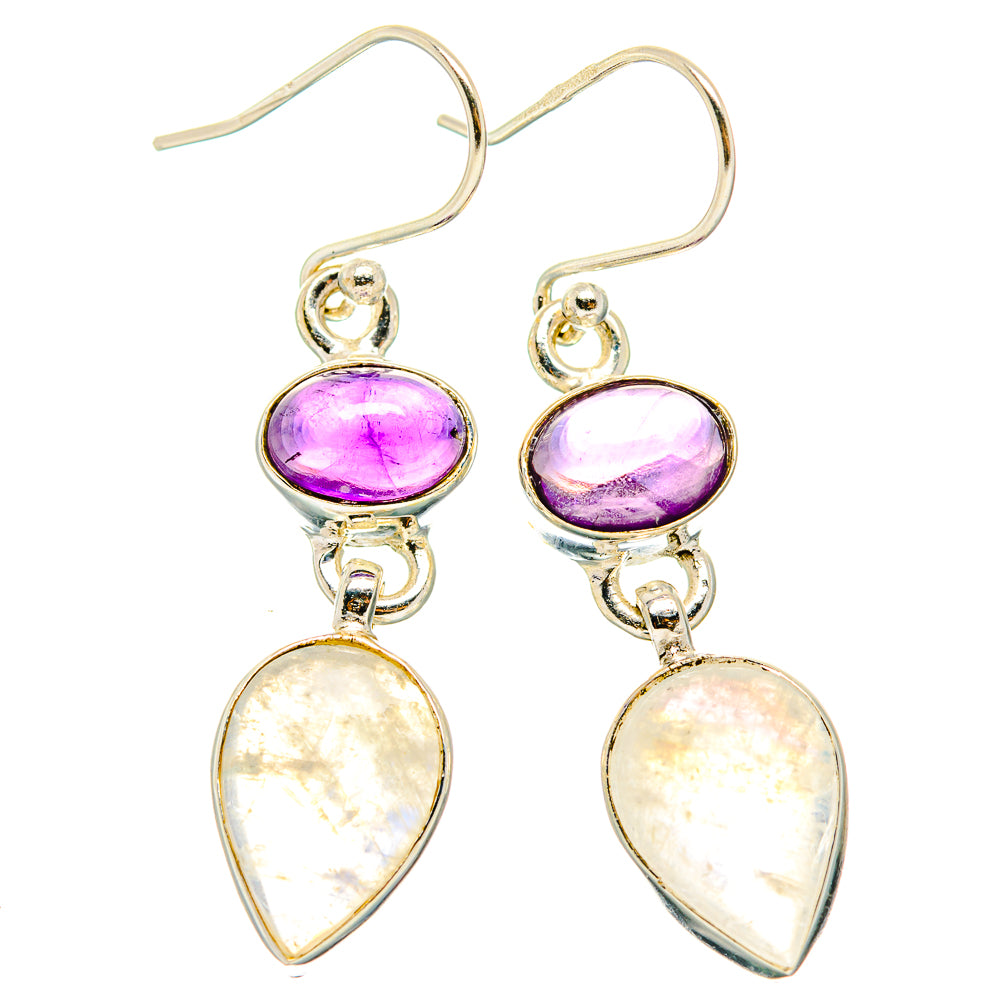 Silver drop earrings with purple oval amethyst and white pear moonstone dangles