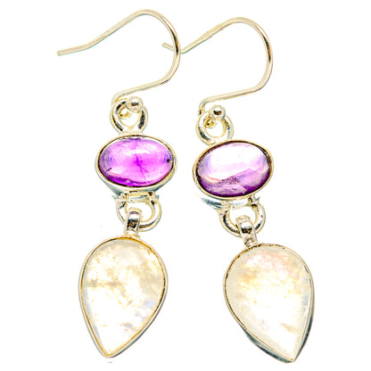 Silver drop earrings with purple oval amethyst and white pear moonstone dangles