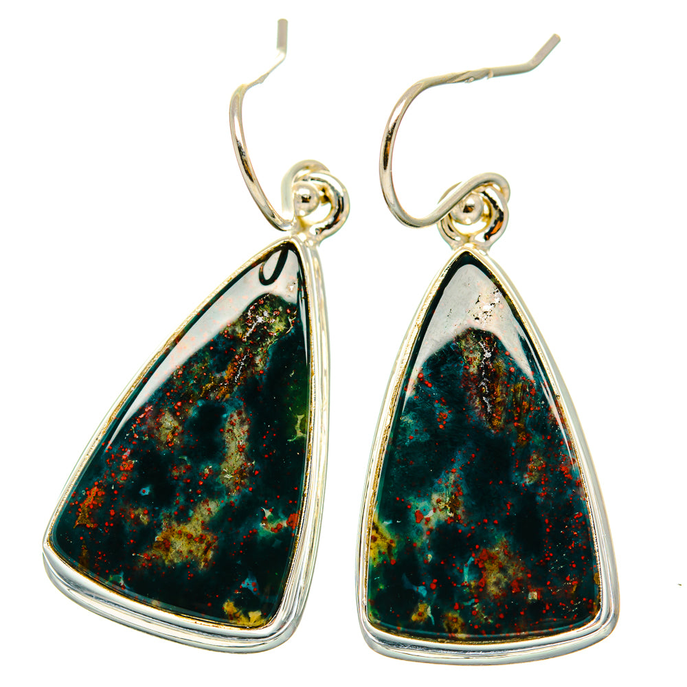 Bloodstone earrings in 925 sterling silver, teardrop triangle green-blue stone