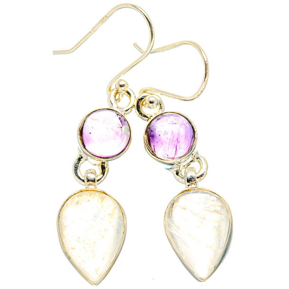 925 sterling silver dangling earrings with purple round stones and white opal teardrop charms