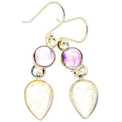 925 sterling silver dangling earrings with purple round stones and white opal teardrop charms