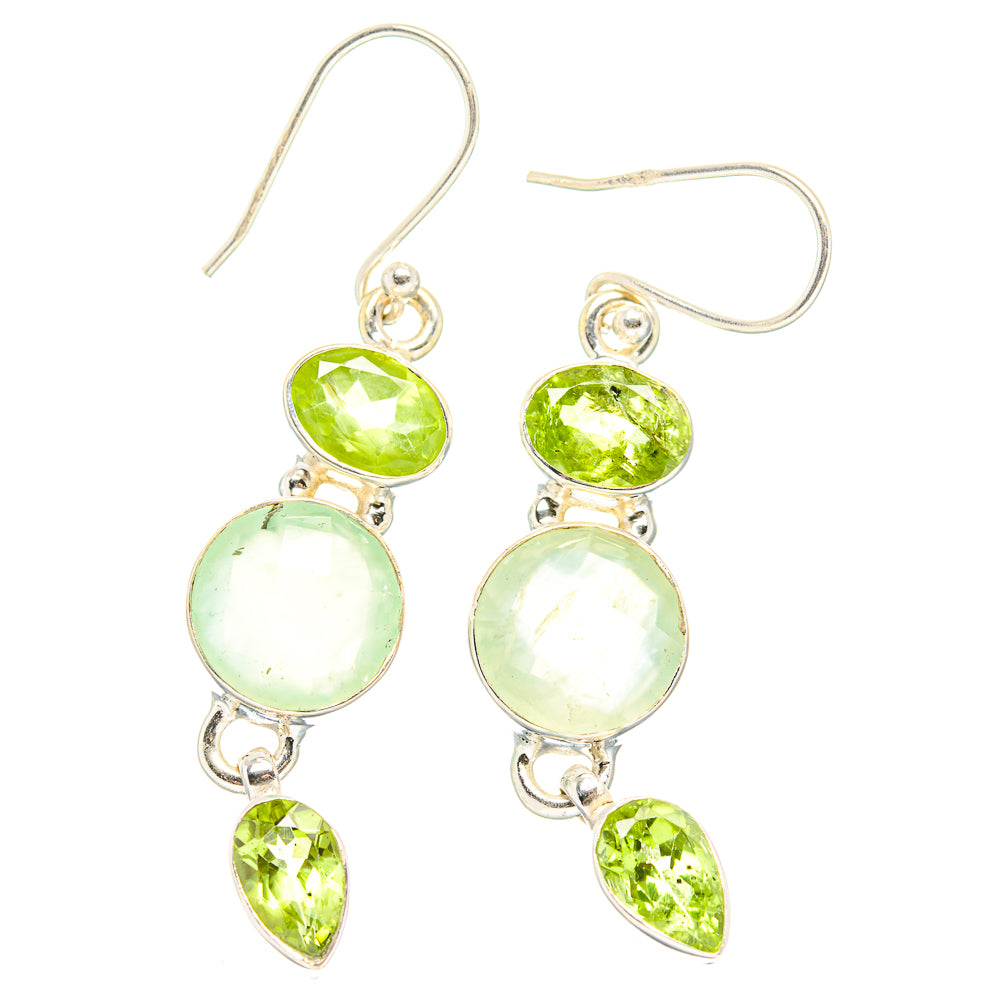 Sterling silver drop earrings with green round and teardrop gemstones, fishhook backs.