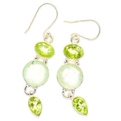 Sterling silver drop earrings with green round and teardrop gemstones, fishhook backs.
