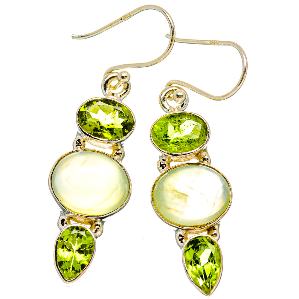 Gold-tone 925 silver earrings with green peridot and pale prehnite drop stones