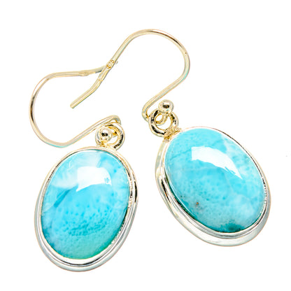 Larimar oval drop earrings in 925 sterling silver, blue cabochon bezel